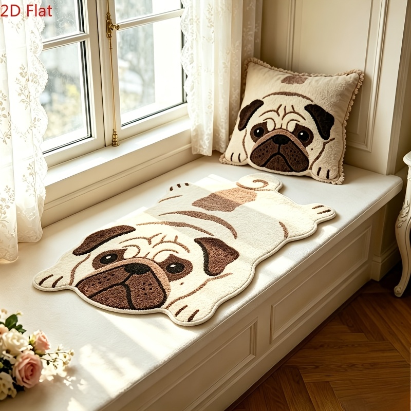 TEMU Velvet 900g 9mm 2d Flat Pug-shaped Non-slip Entrance Doormat, Cute Bedroom Decor Bedside Plush Rug, Ins-style Balcony Kitchen Laundry Room Mat,
