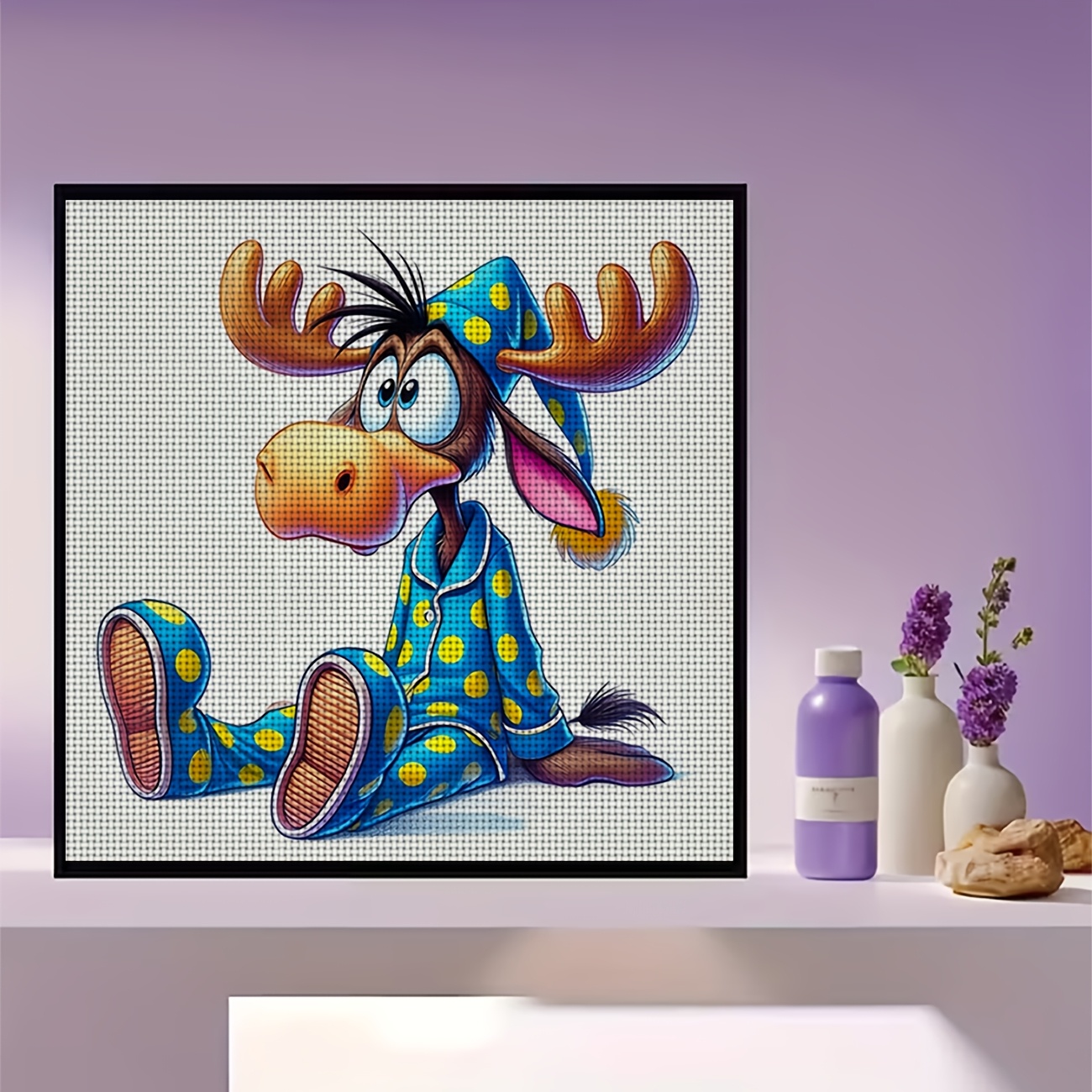 Cross Stitch Printed Kit, Reindeer Pajamas Design, Frameless