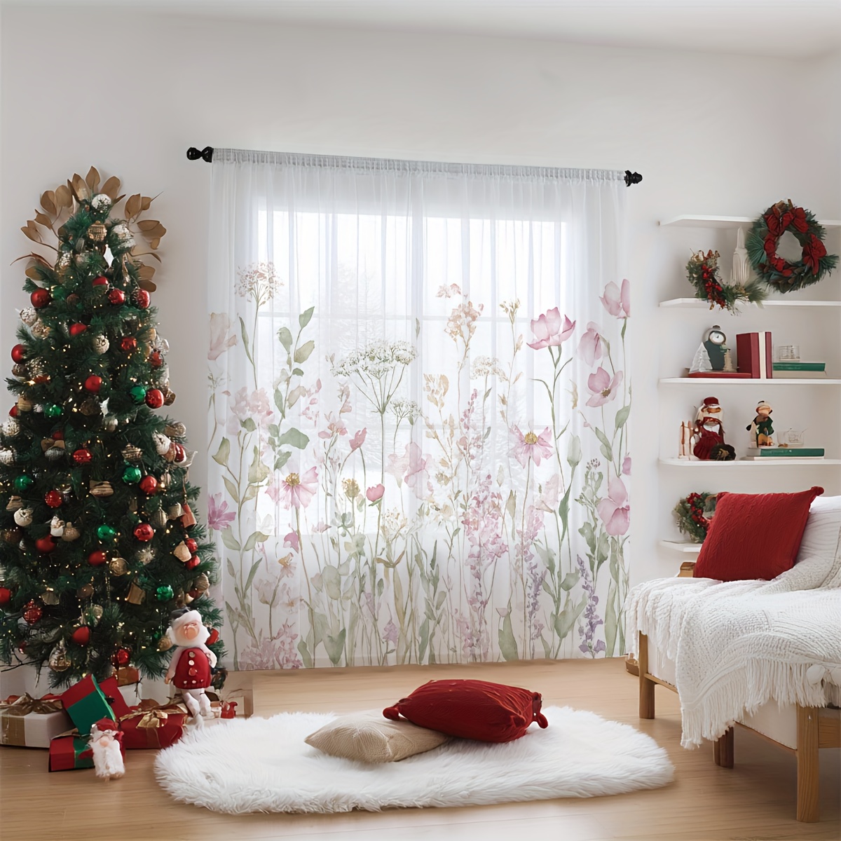 TEMU 2pcs Semi-transparent Sheer Curtains, Fresh Watercolor Floral Print Window Drapes In Pastoral Style For Cozy Bedroom And Living Room Decor, Use,