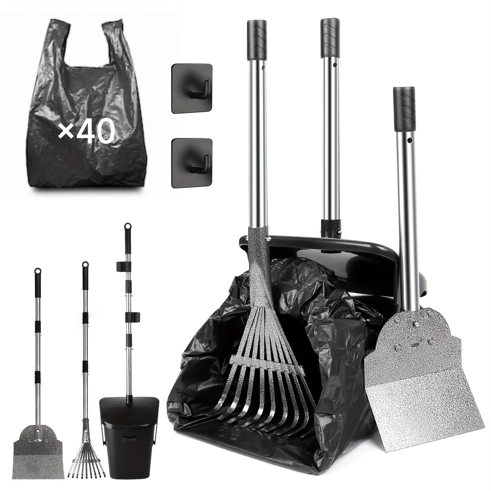 Dog Waste Collection - 37.4" Long Adjustable Metal Bin With Rake And Spade Kit, Includes 20 Waste Bags, Portable For Use On Gravel, Lawns, And Grass, Suitable For Small To Large Dogs, Without Battery