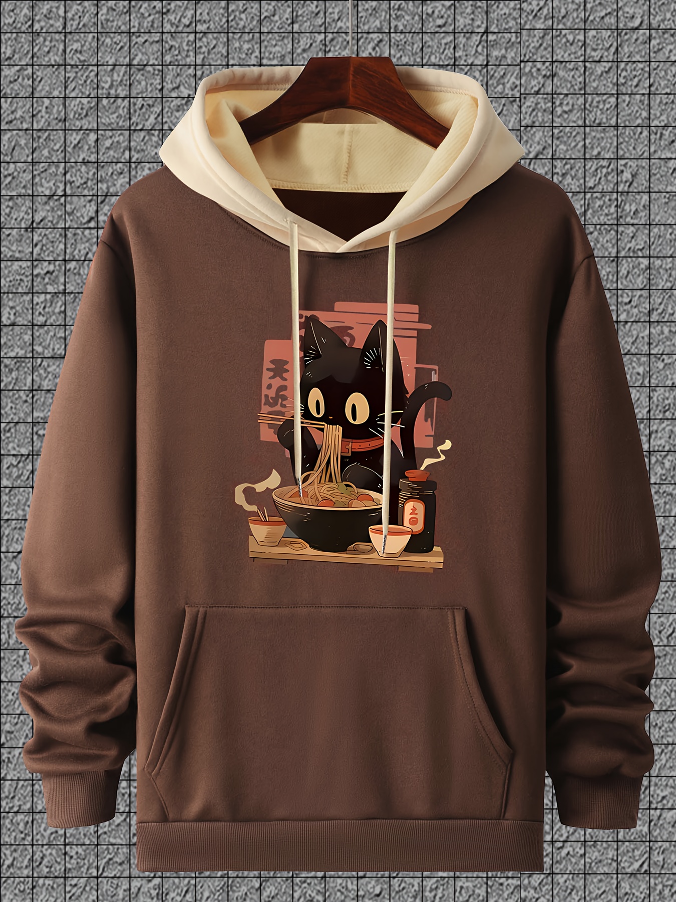 casual polyester hoodie with black cat eating ramen print long sleeve pullover sweatshirt for   regular fit with   stretch 250g knit fabric