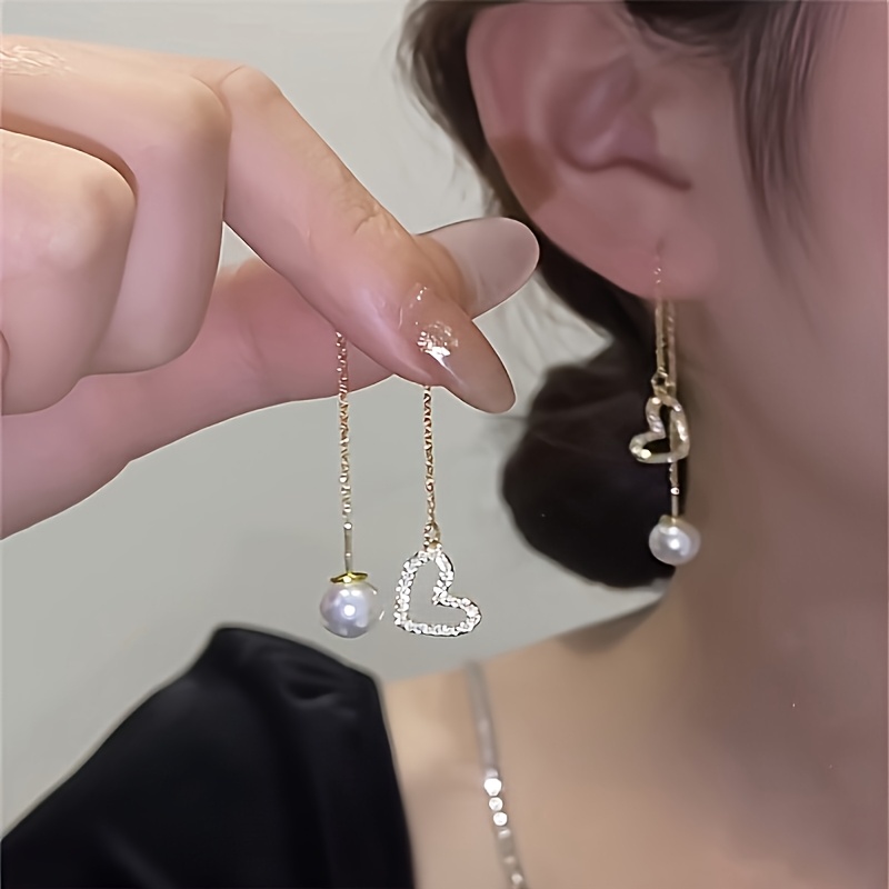 TEMU Une paire de longues boucles d'oreilles élégantes et stylées avec strass et pendentifs de cœur