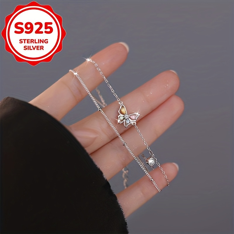 Women's S925 Sterling Silver Rhinestone Butterfly Finger Chain, Hypoallergenic