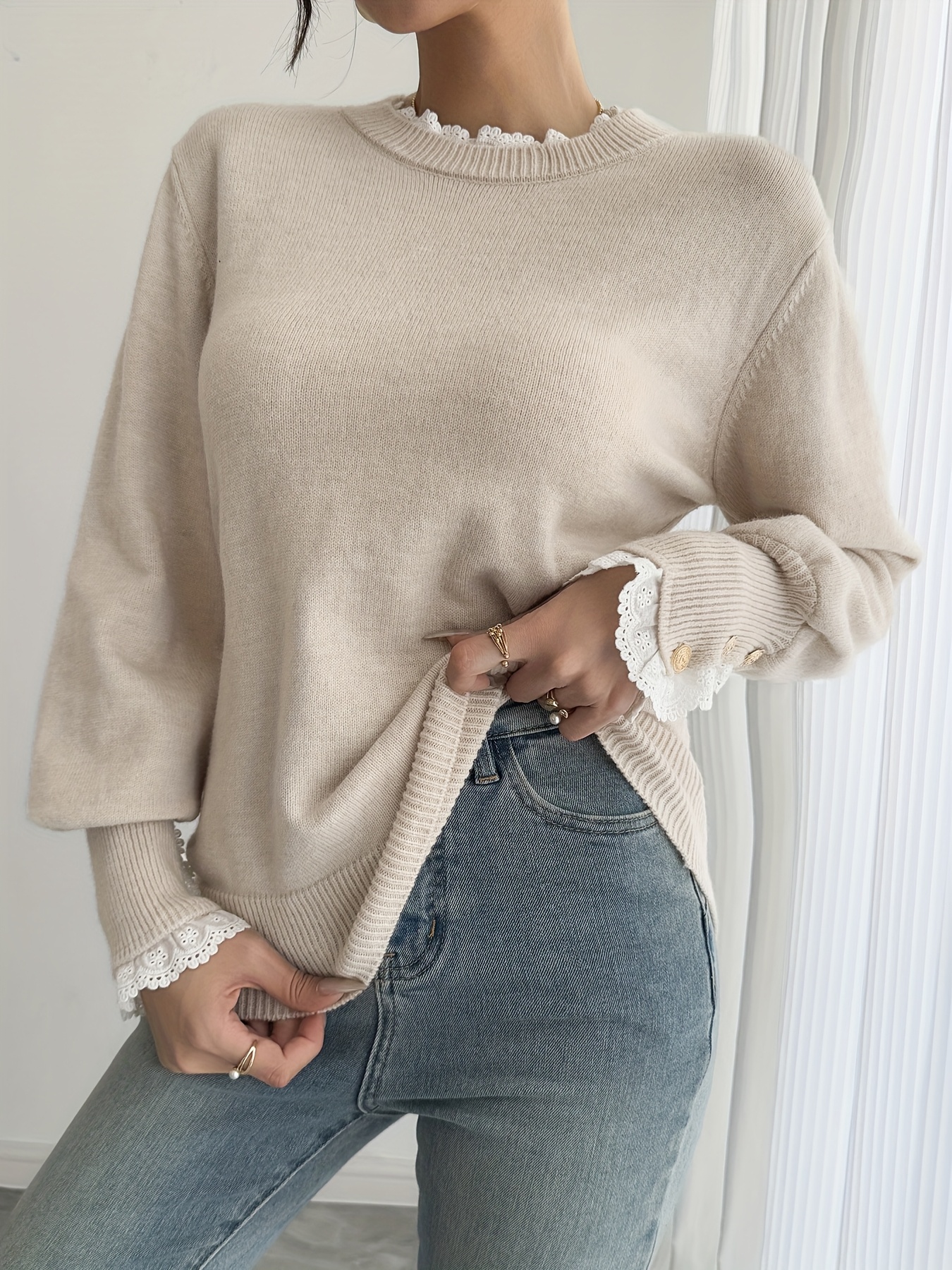 Pull Dentelle Femme Col Haut – Manches Longues, Motif Floral Blanc, Thermique Pour L'automne