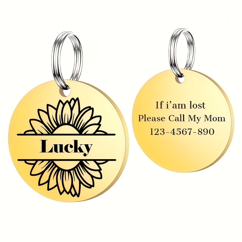 TEMU 1 Laser-printed Stainless Steel Pet Id Tag Featuring Sunflower , Stylish And . Supports Double-sided Engraving For Self- Pet Names, Contact