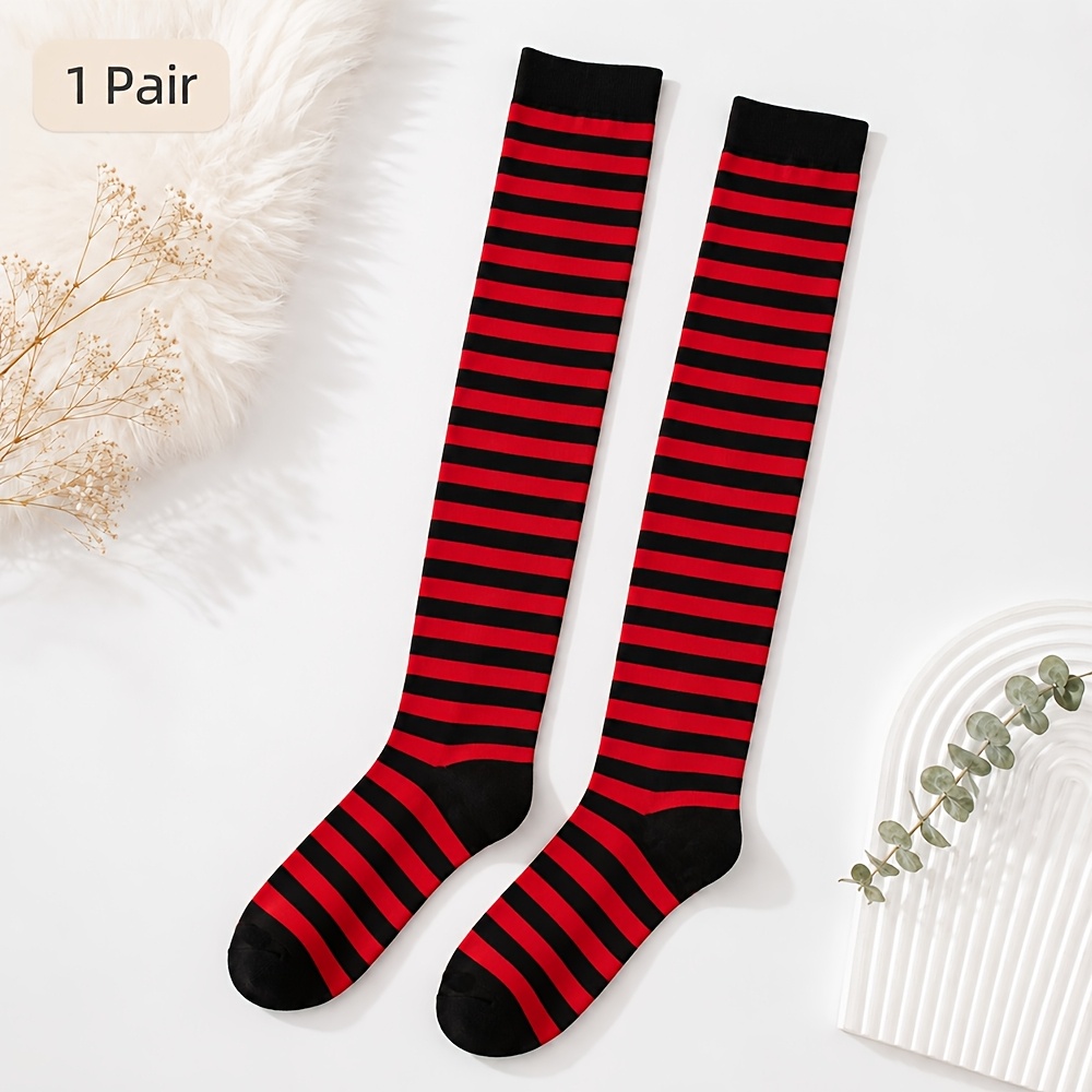 TEMU 1 Paire de Chaussettes Montantes Style Punk TSLBNRIO - Bas Longs Épais Mi-Cuisses à Rayures Contrastées Rouges et Noires, Lavables à pour Tenue