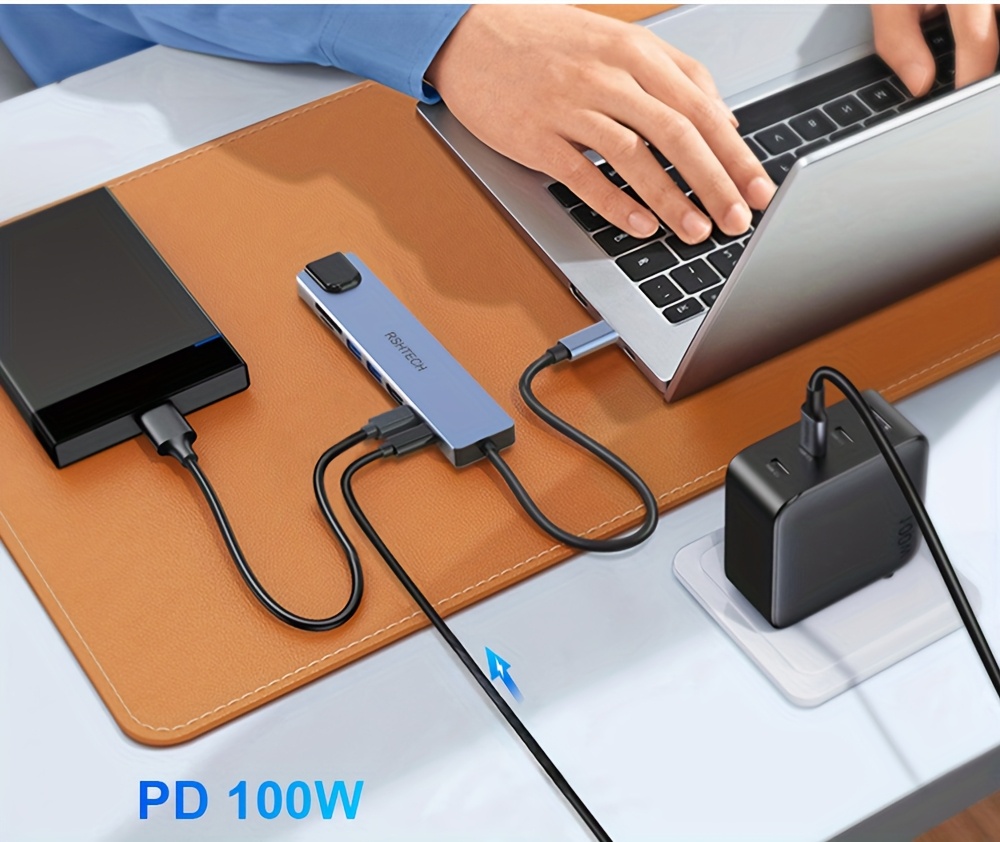 RSHTECH 8-in-1 Type C HUB Adapter - 4K HDTV, USB 3.0 5Gbps High-Speed Data Transmission, SD/TF Card Reader, RJ45 Ethernet, PD 100W USB C Docking Station for Mobile Hard Disk, Keyboard, Mouse, Digital Camera, Printer, Webcam, SD/TF Card