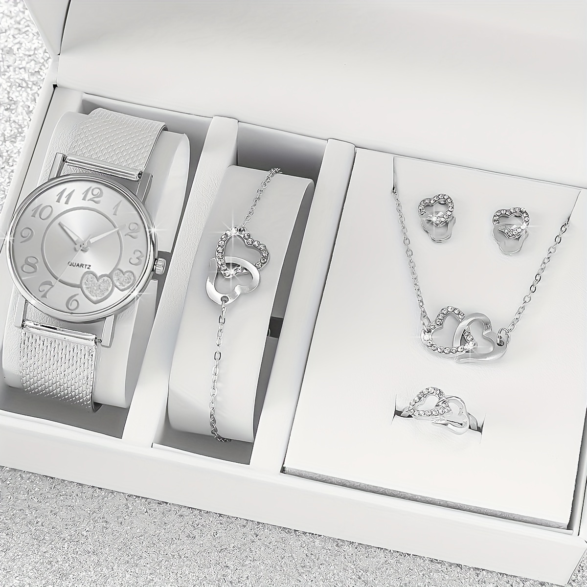

Women's Elegant Watch And Jewelry Set, 6-piece, Quartz Movement, Stainless Steel Mesh Band, Heart Design, With Necklace, Bracelet, Earrings, And Ring, Gift Box Included