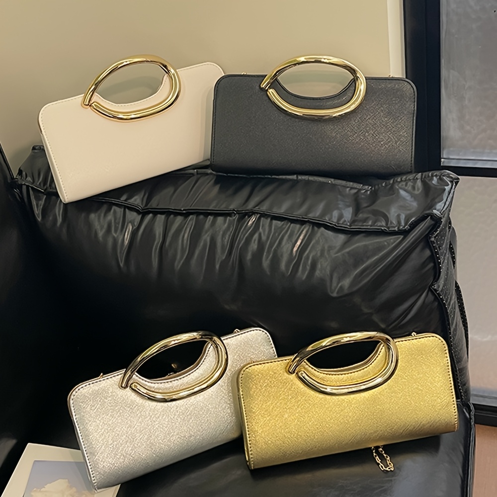 Elegant Metallic Handbag with Oval Metal Handle and Chain Strap