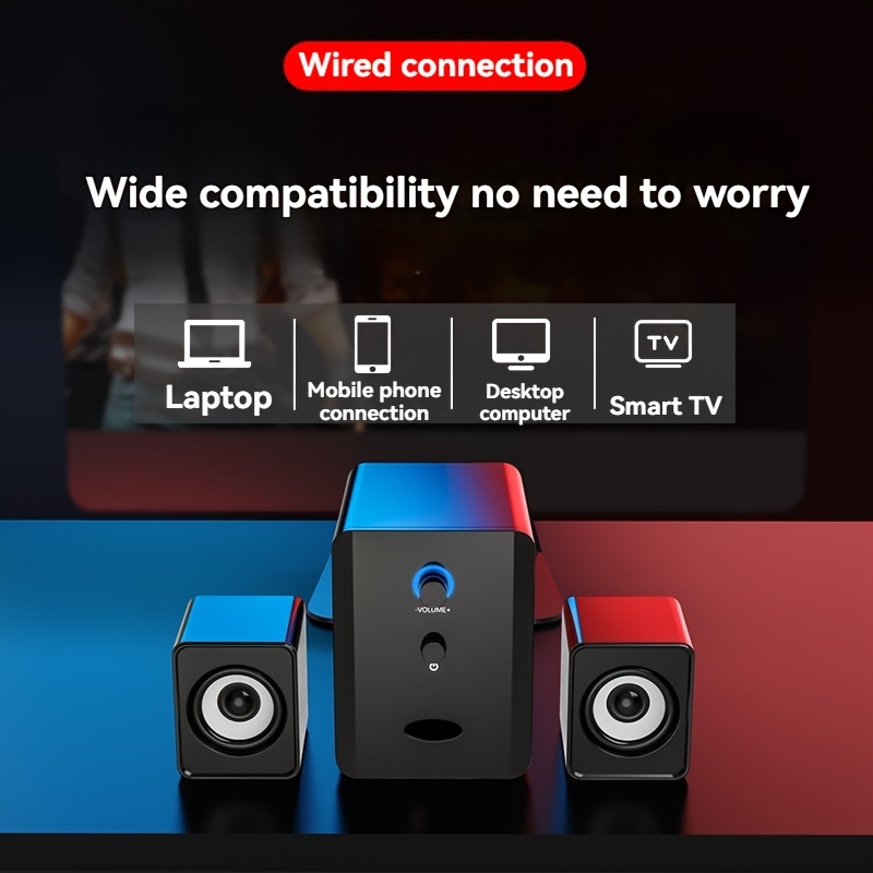 SADA S-201 2.1 Channel USB-Powered Desktop Speakers with Bass Boost, 3.5mm Audio Connection, Volume Control & Blue Accent Light - Compact 2.1 Channel Computer Speakers for Laptop, PC, Gaming, Home Office, Small Speakers for Desk, Gaming Audio, Modern Audio Gear, Durable Audio Gear