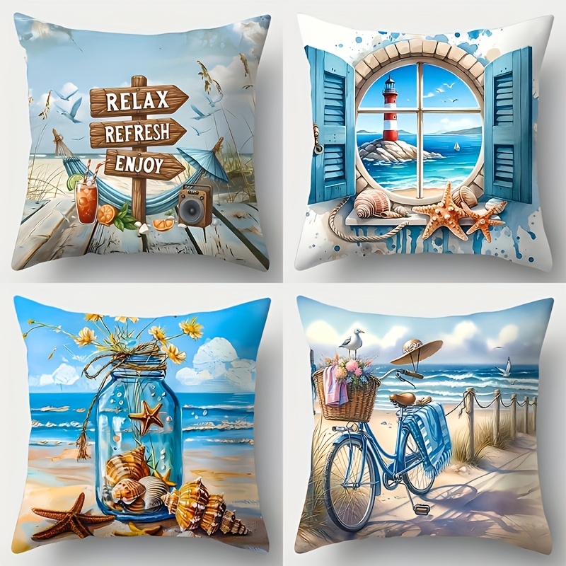 E-shop 4er-Set Kissenbezüge mit Strandmotiv zum Entspannen, mit Seestern-, Muschel- Strandfahrrad-Mustern, moderner Stil 44,96x44,96 cm, beidseitiger