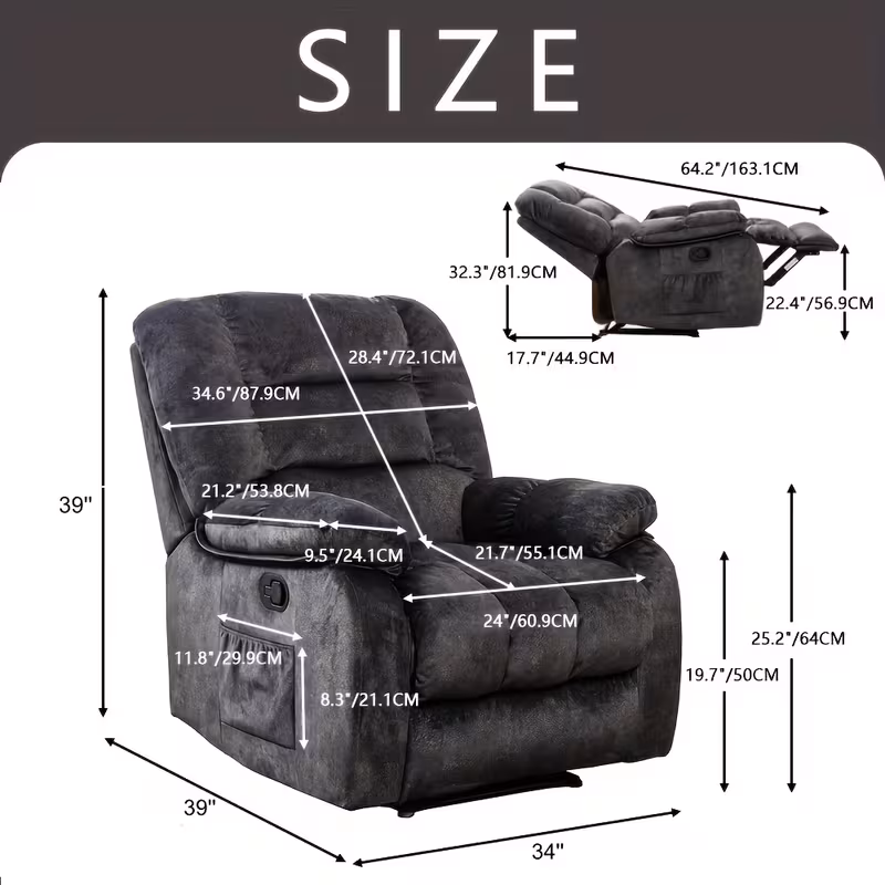 large manual chair wide manual recliner for seniors fabric living room padded adult recliner with heated vibration usb port and remote controls Product details 0