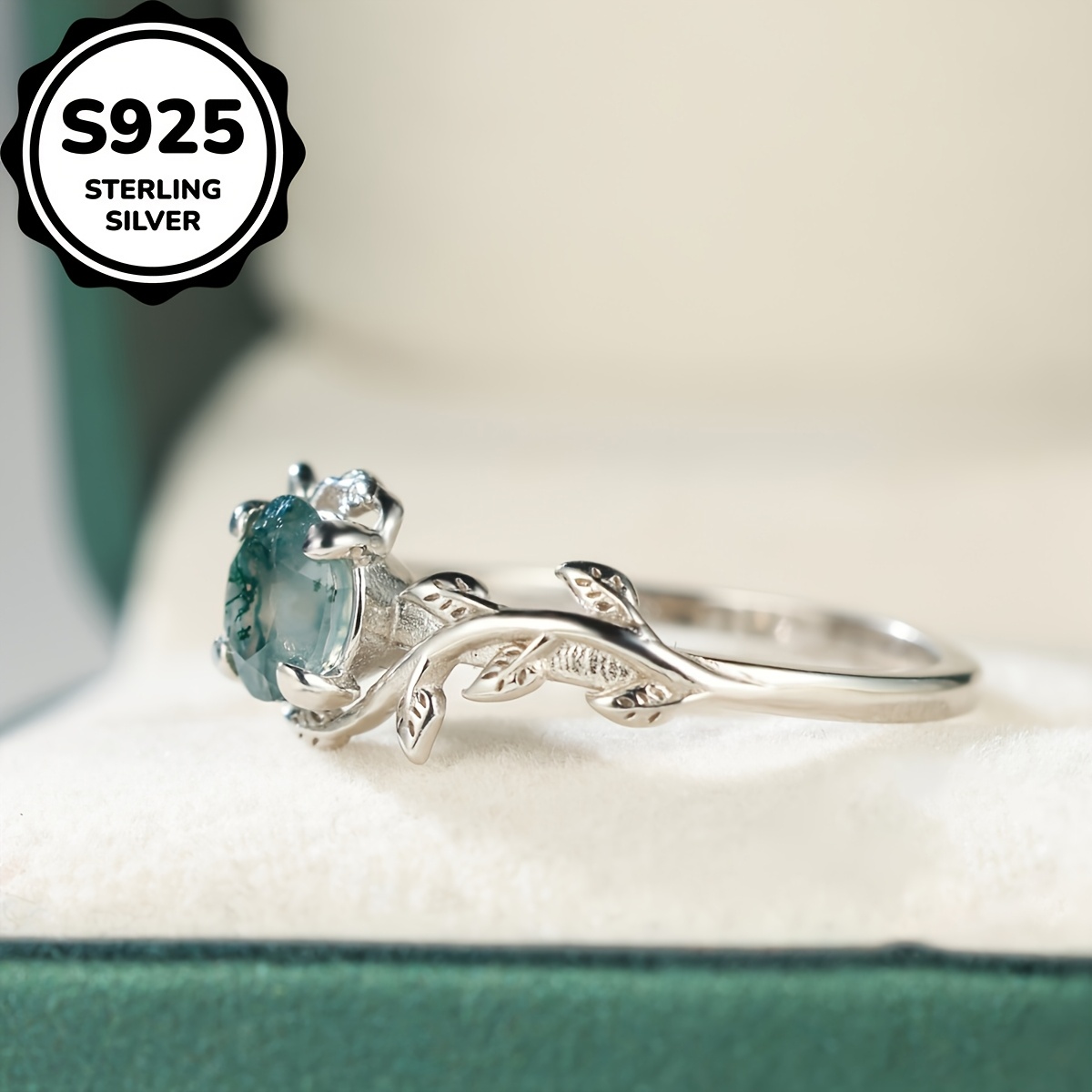 Pure Silvery S925 Retro Round Agate Edge Leaf Ring