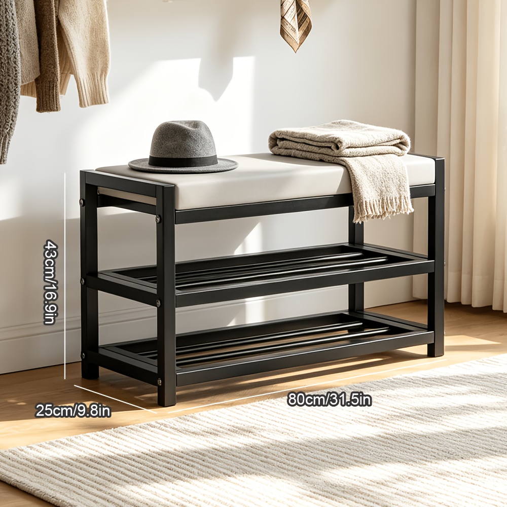 TEMU Entryway Shoe Bench With A Soft Seat, Entryway Shoe Rack With 2 Storage Shelves, Black Shoe Cabinet That Can Store About 8 Pairs Of Shoes, Made