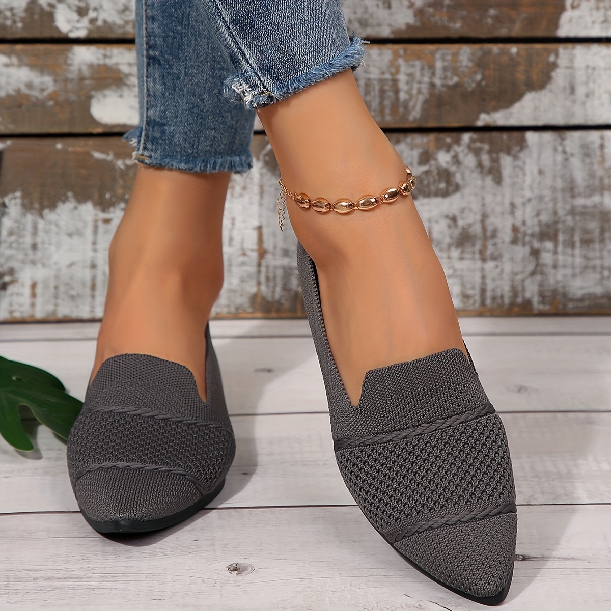 Elegant Ballet Flat Shoes For Women, Slip-On Breathable Soft Sole Daily Knitted Ballets, Point Toe Daily Wear