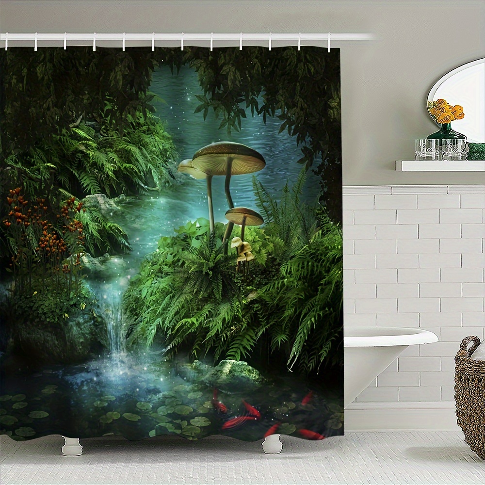 

1pc Forest Mushroom Pattern Shower Curtain, Stream Koi Fish Print, Waterproof Shower Curtain With Hooks, Bathroom Partition, Bathroom Accessories, Home Decor