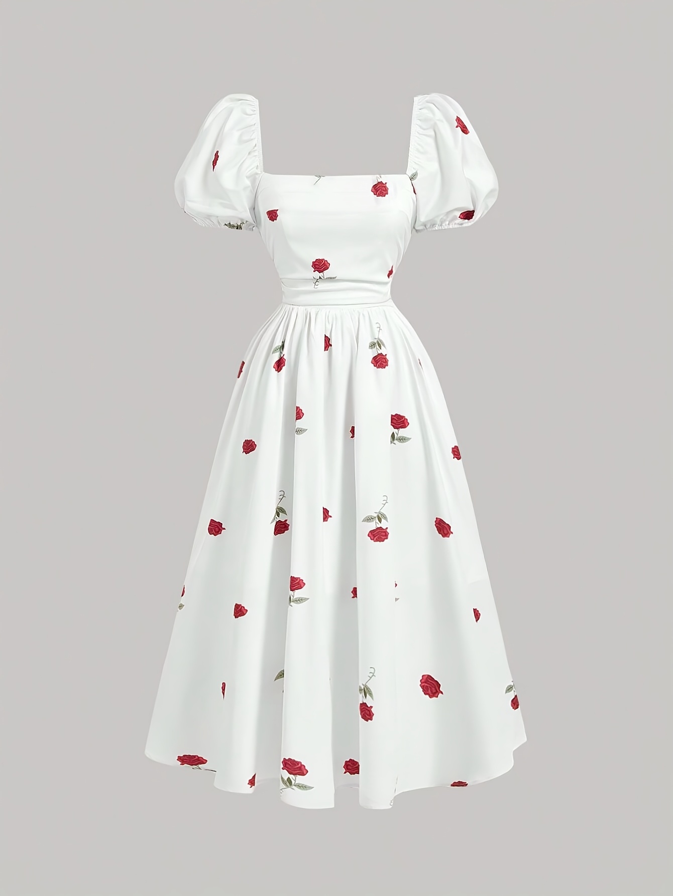 elegant white floral jacquard midi dress with bubble sleeves and button-up  collar - chic a-line spring/summer wear for women, machine washable,  polyester, chic casual attire|aline silhouette| - women's clothing