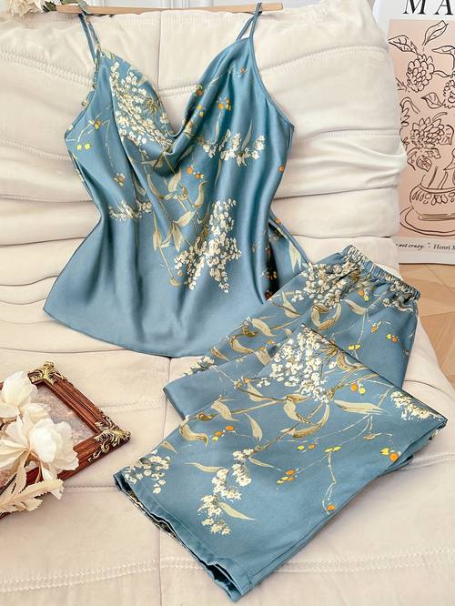 womens 2pcs cherry print pile neck nightgown elegant sleepwear matching pajamas machine washable sleepwear suit for s 2pcs set non