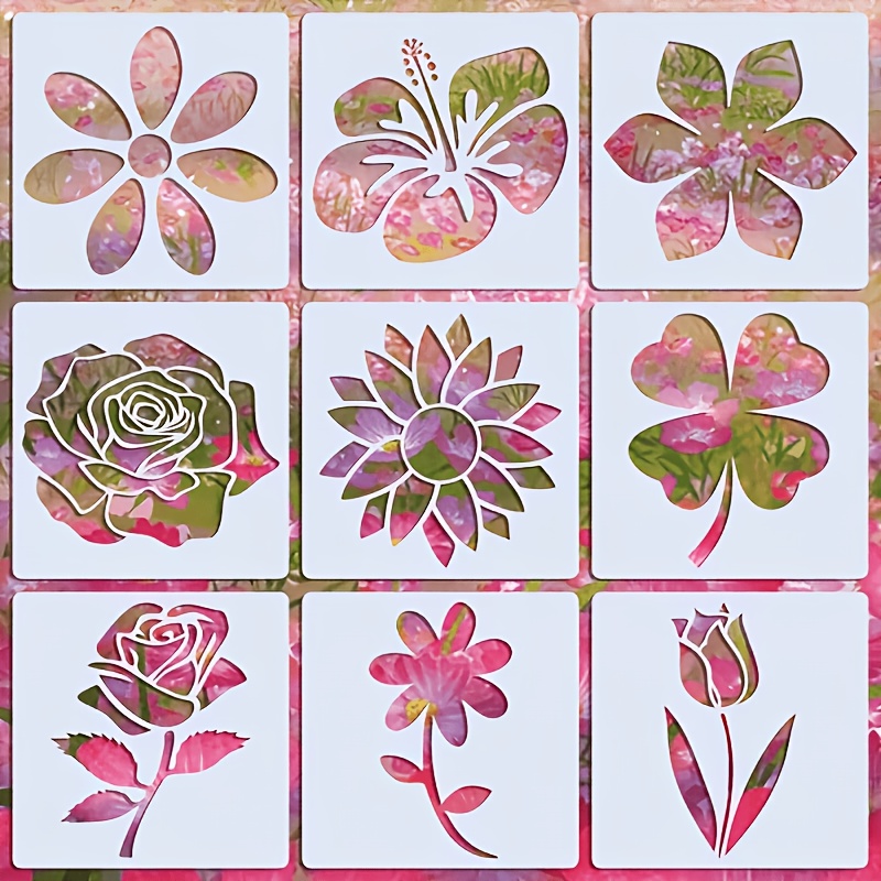 TEMU 9pcs Reusable Floral Stencils Suitable For Watercolor, Painting & Scrapbooking - Washable Pet Templates With Flower Patterns, Diy Craft For
