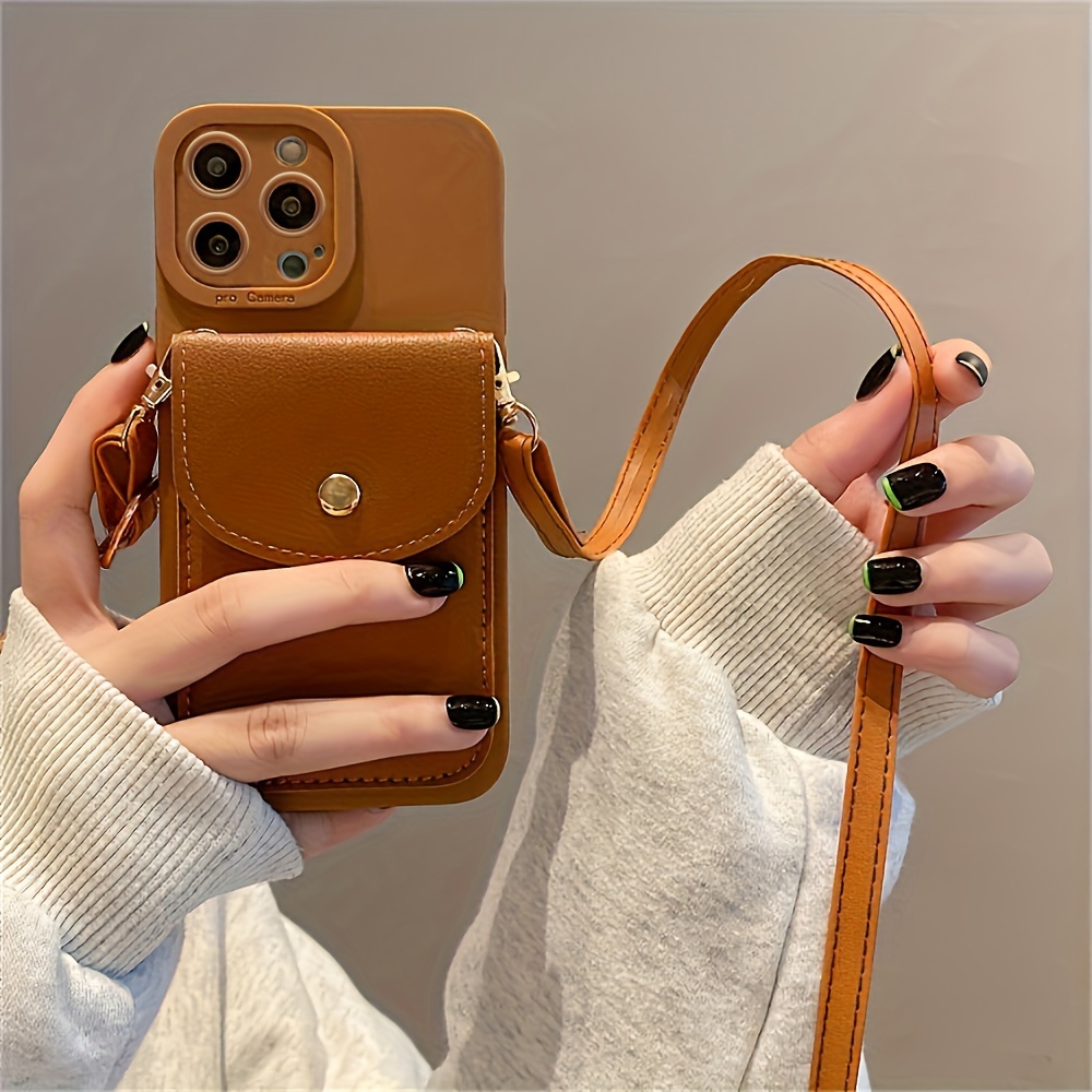 Phone Case - Solid Color Wallet Faux Leather Crossbody Neck Strap Lanyard Phone Case For Iphone 16 14 13 11 12 X Xr Xs 7 8 16 Plus Se3 Card Holder Phone Cover