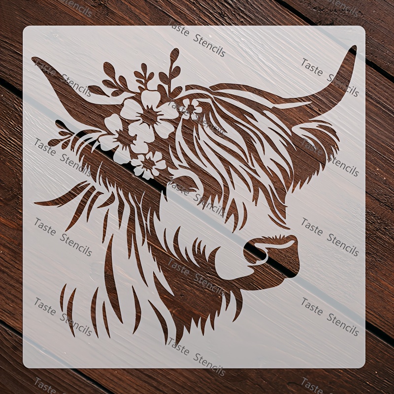 E-shop 1 Schablone Hochlandkuh, 7,87x7,87 Zoll, Bauernhoftier-Design mit floralem Kopfschmuck botanischen Akzenten, rustikaler Stil. Geeignet für