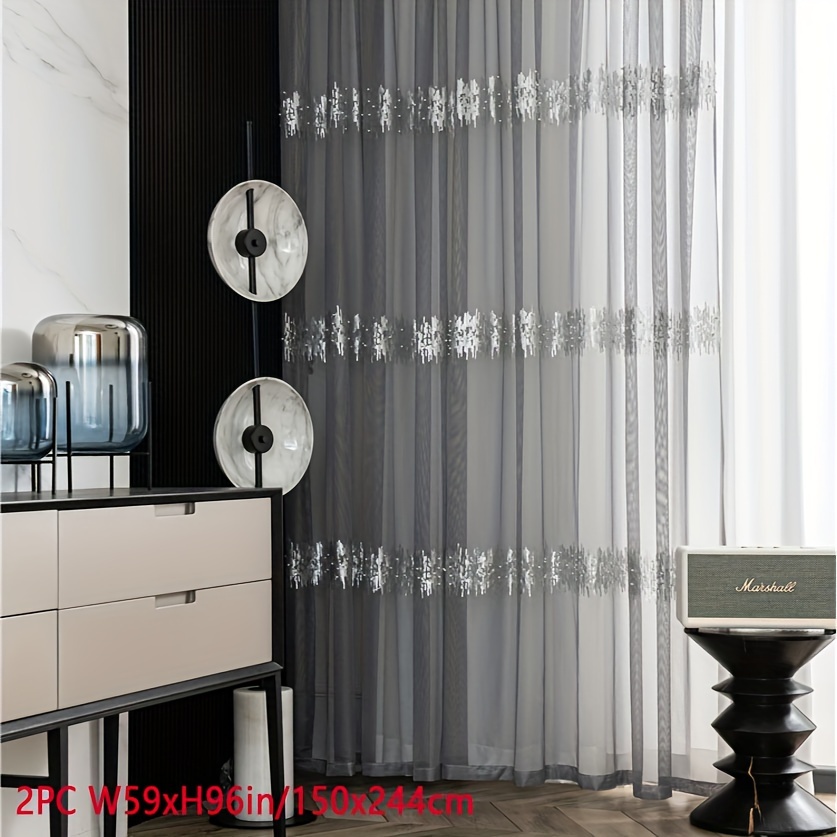 Image of 2pcs French Luxury Embroidery Sequins White Tulle Sheer Curtains For Living Room Pearls Sequins Grey Yarn Curtains Bringbling Bedroom Home Decor
