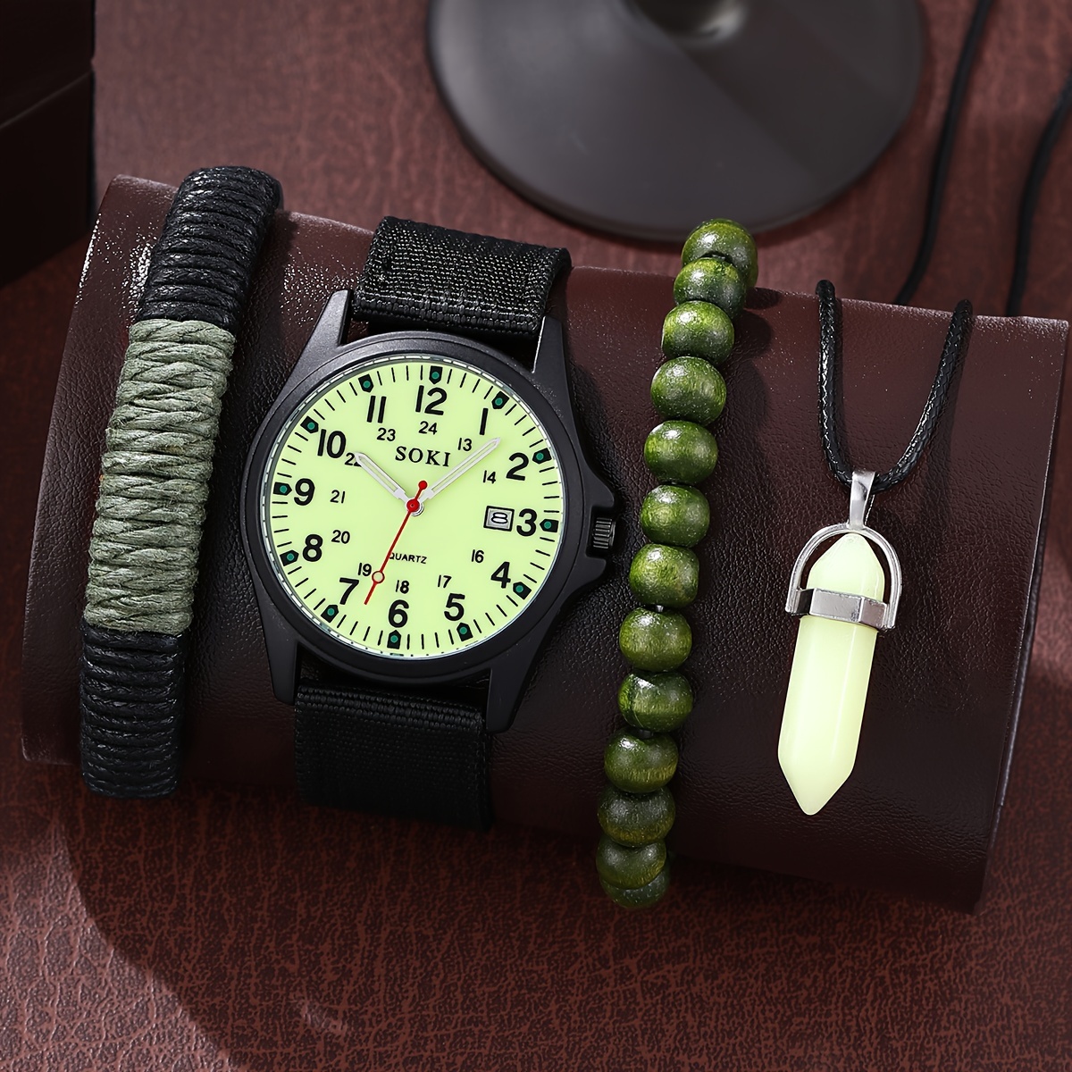 

4pcs/set, Men's Luminous Dial Sports Fashion Calendar Nylon Strap Quartz Watch & Bracelet & Luminous Necklace Set, Ideal Choice For Gifts