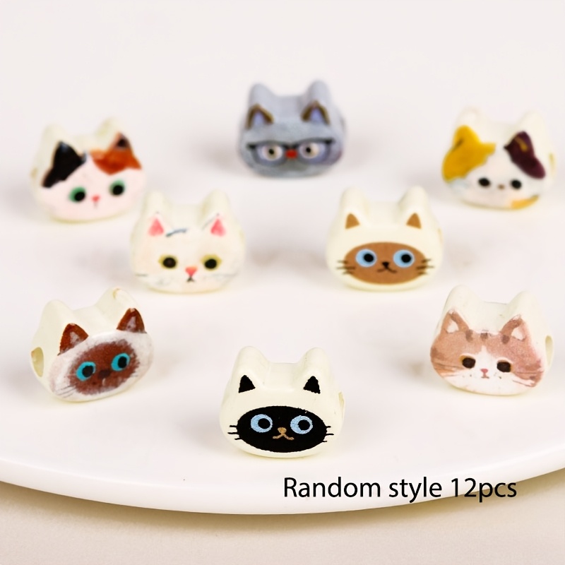 TEMU 12pcs Random Style Double-sided Kitten Beads With Cute Painted Faces - Perforated Beads Suitable For Bracelets, Phone Chains, Hair Additions, -