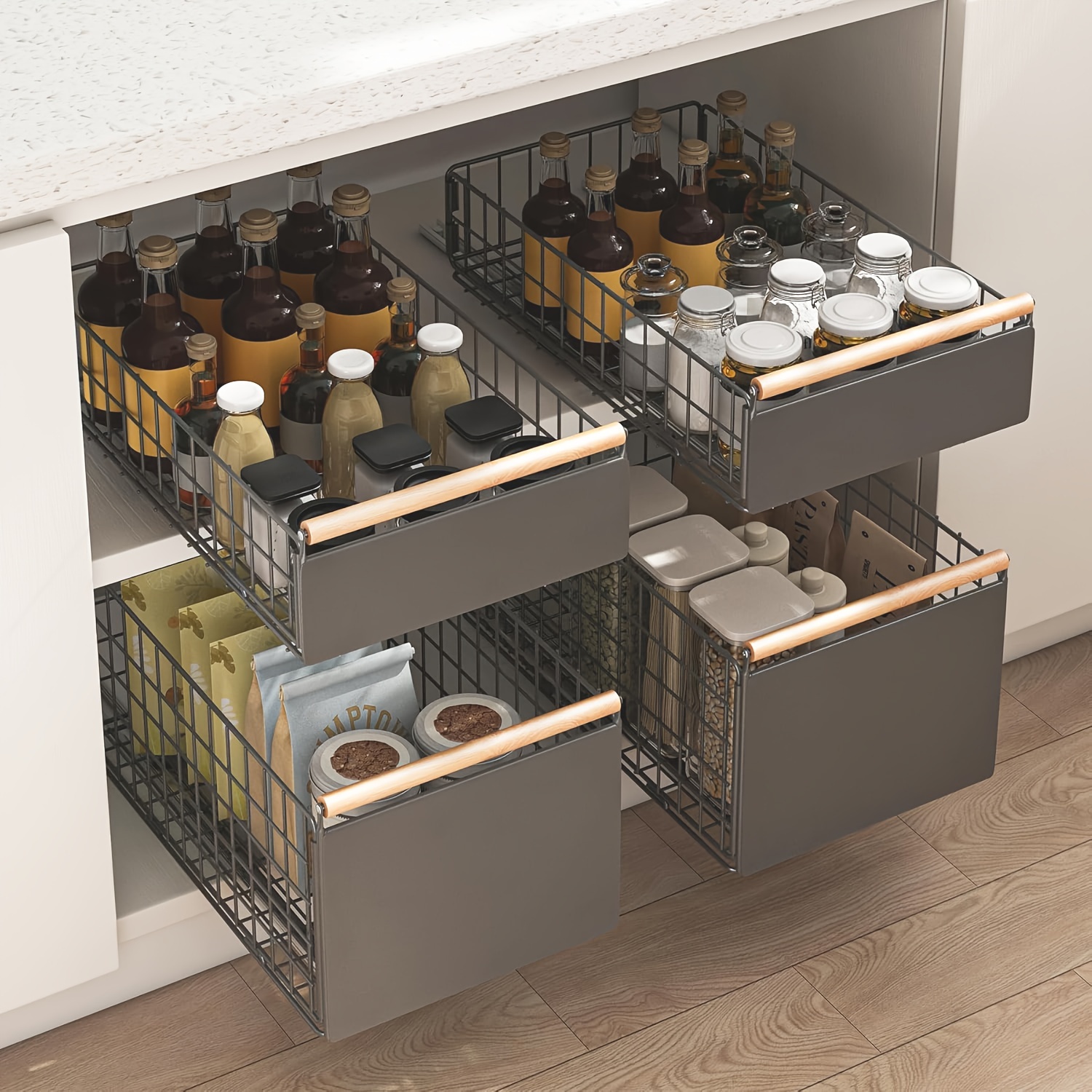 

Pull Out Cabinet Organizer, Heavy Duty Slide Out Drawers Fixed With Adhesive Nano Film, Slide Out Pantry Shelves With Wooden Handle For Kitchen, Pantry, Bathroom