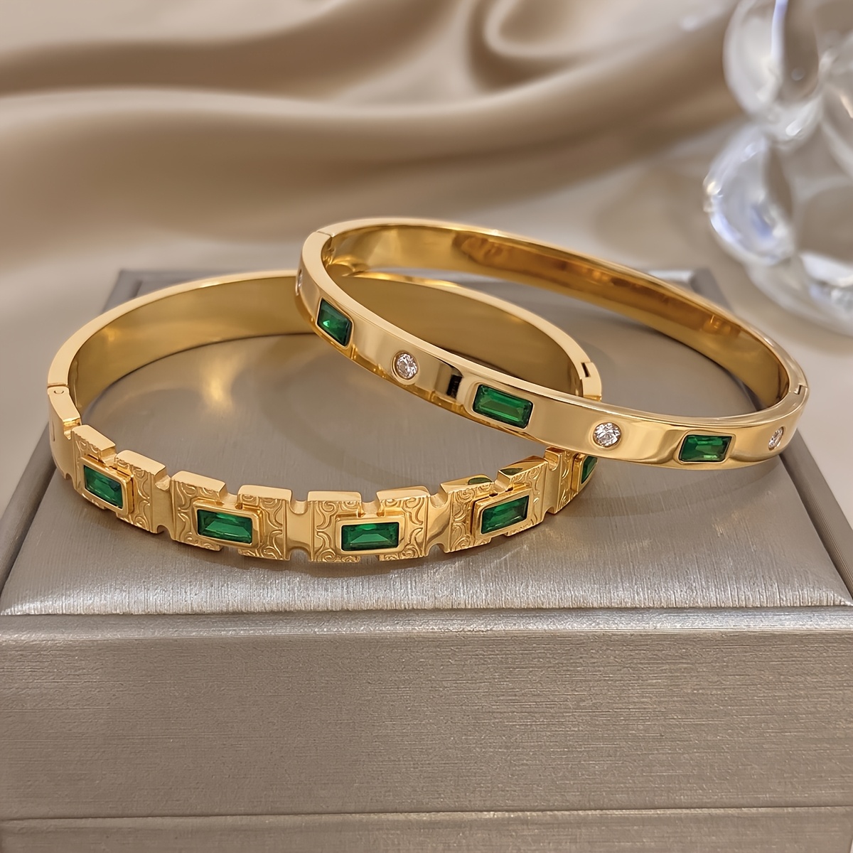 2pc Elegant 18K Golden Plated Bangle Set with Green Accents