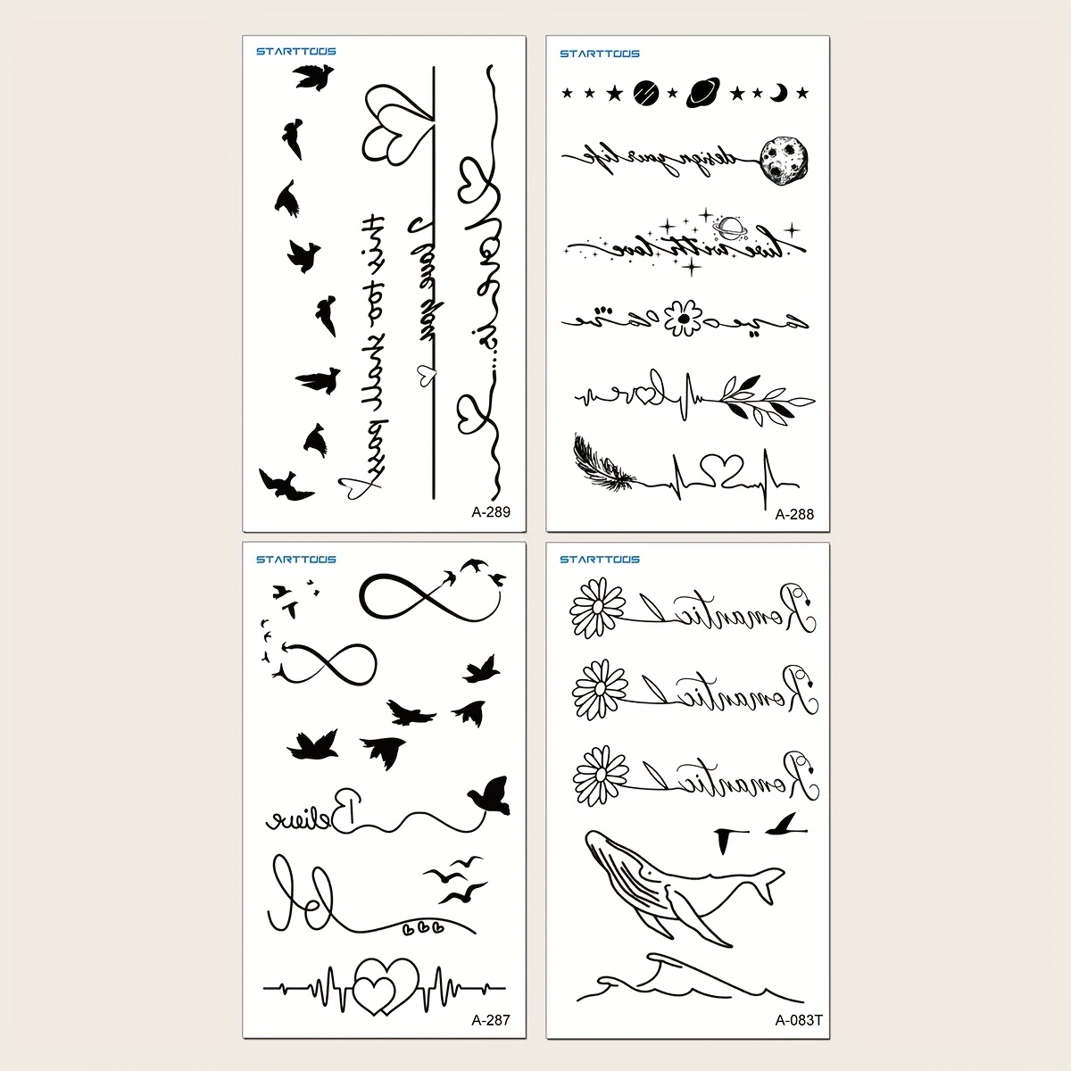 4pcs Black Elegant Easy Emotional Sentence Pattern Holiday Gift Tattoo Stickers For Fingers, Wrists, , Shoulders, Neck, Collarbone, Behind Ears, Temporary Waterproof Tattoo Stickers