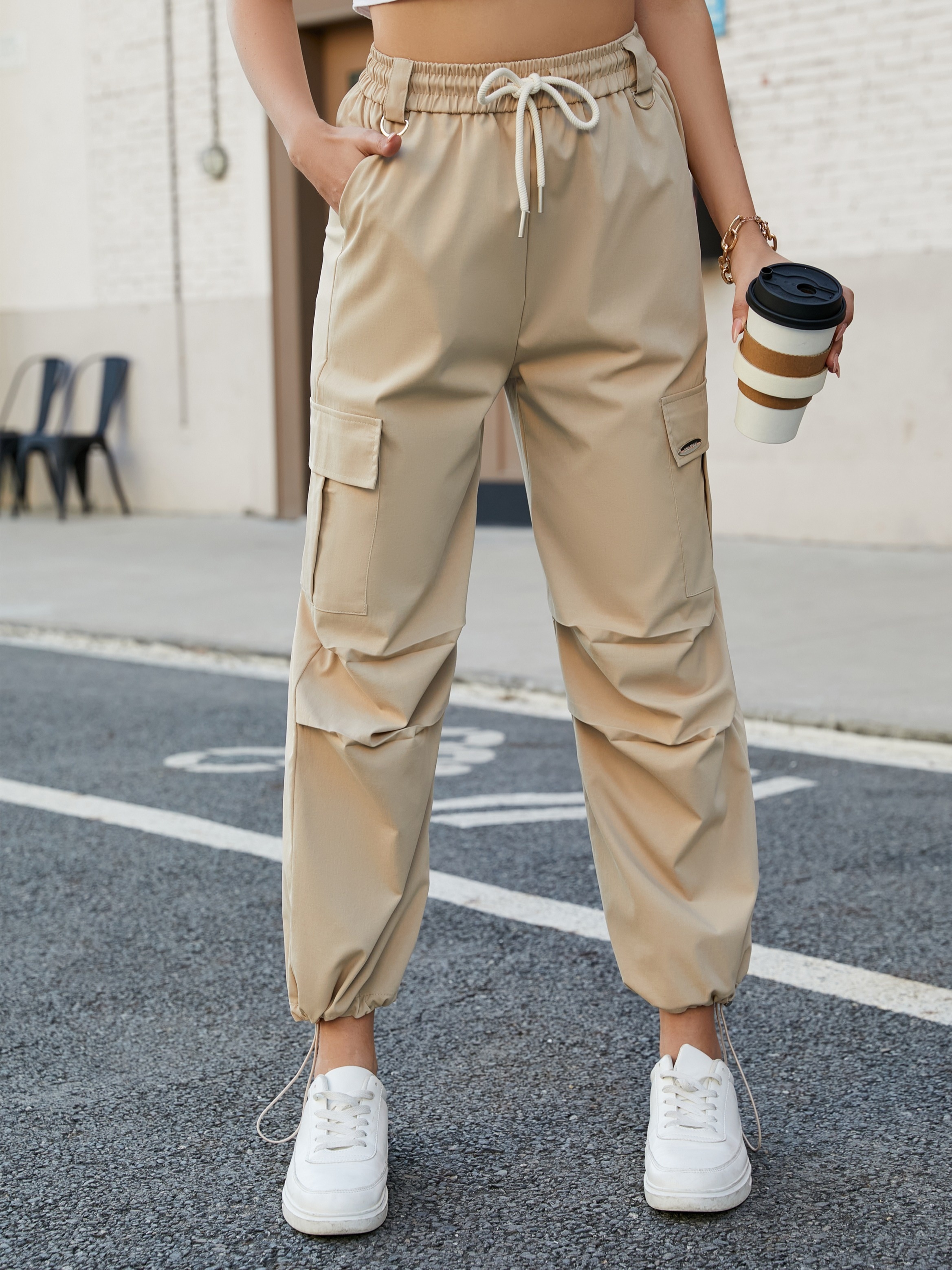 Solid Flap Pocket Jogger Cargo Pants, Vintage Streetwear Pants For Spring &  Fall, Women's Clothing