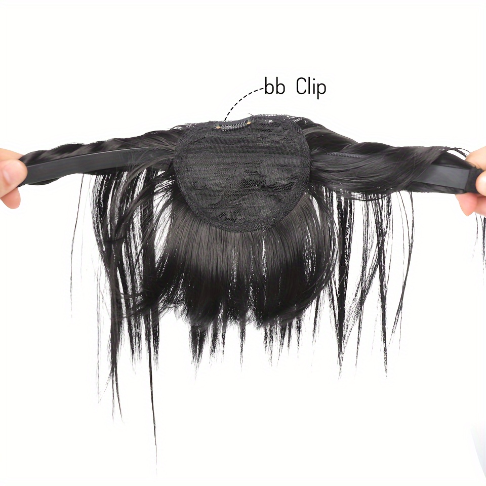 womens synthetic straight hair topper with clip in bangs and overhead braids natural looking   fringe hair extension hairpiece for all women styles details 5