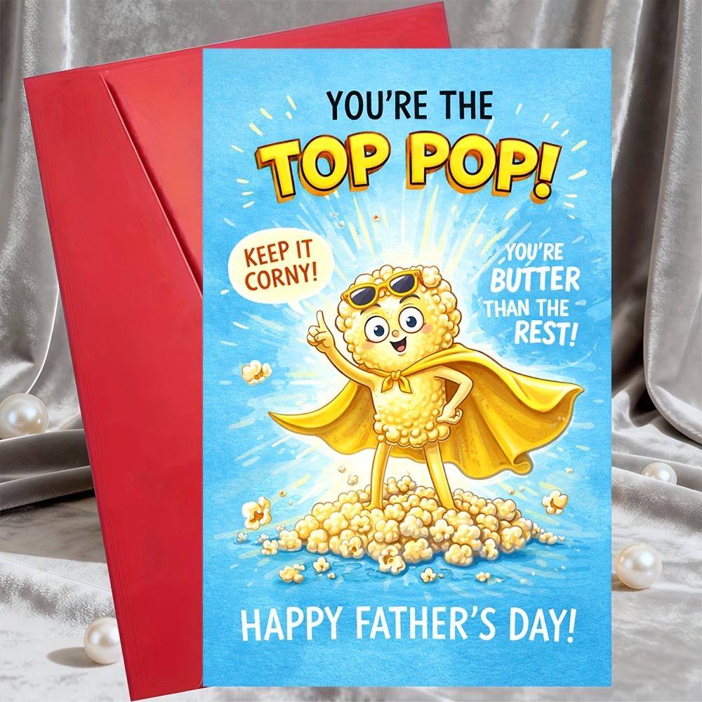 TEMU 1 Greeting Card + 1 Envelopetop Pop Fathers Day Card Funny Popcorn Pun For Dad Husband Boyfriend From Wife Family Birthday Or Fathers Day Gift