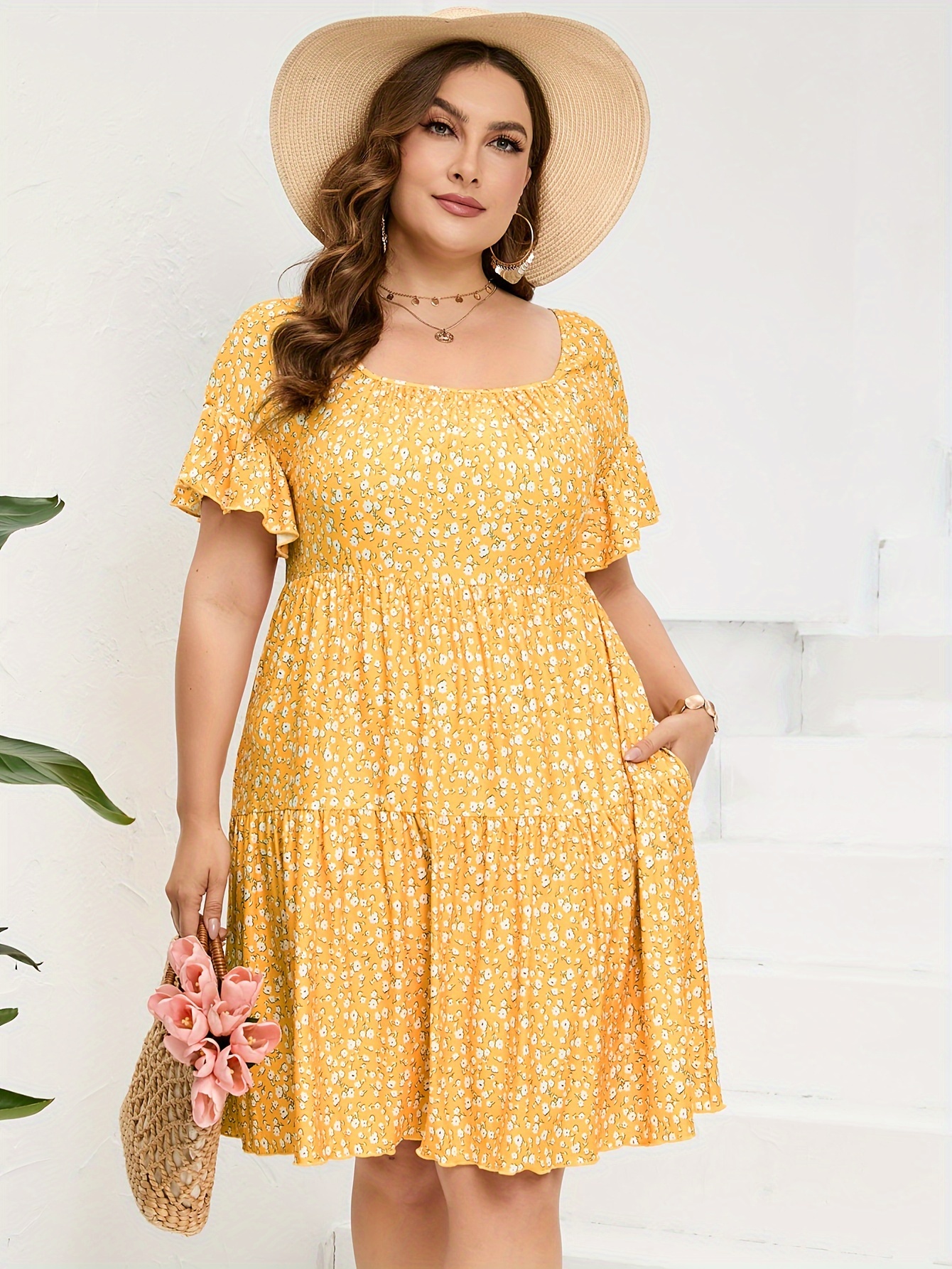 BEDOAR Women's Plus Size Floral Midi Dress - Round Neck, Short Sleeve, Fit & Flare With Pockets, Yellow Floral, Size 24W