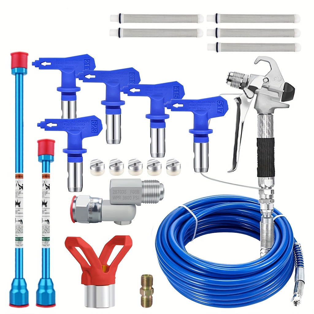 

17pcs Airless Paint Sprayer Set, Paint Sprayer Hose With 1/4" Connector, 1pc 287036 Adapter, 5pcs Reversible Nozzles, 1pc , 2pcs Airless Sprayer Head Extensions And 5pcs Airless Spray 60 Mesh Filters