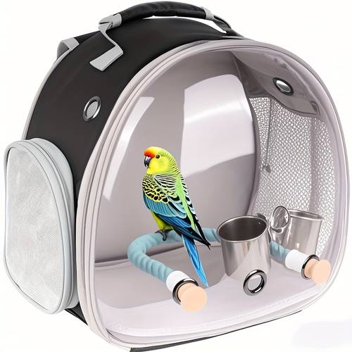 kleiner vogel-rucksackträgerkäfig mit frontfenster, reißverschluss, klemmhalterung & 2 getränkehaltern – tragbarer transportkäfig mit sitzstange – sicherer reißverschluss, leichtgewicht und robuste konstruktion für wellensittiche, nymphensittiche, papageien, tierarztbesuche, alltagsnutzung – ideal für anfänger und erfahrene vogeleigner, atmungsaktives mesh-design