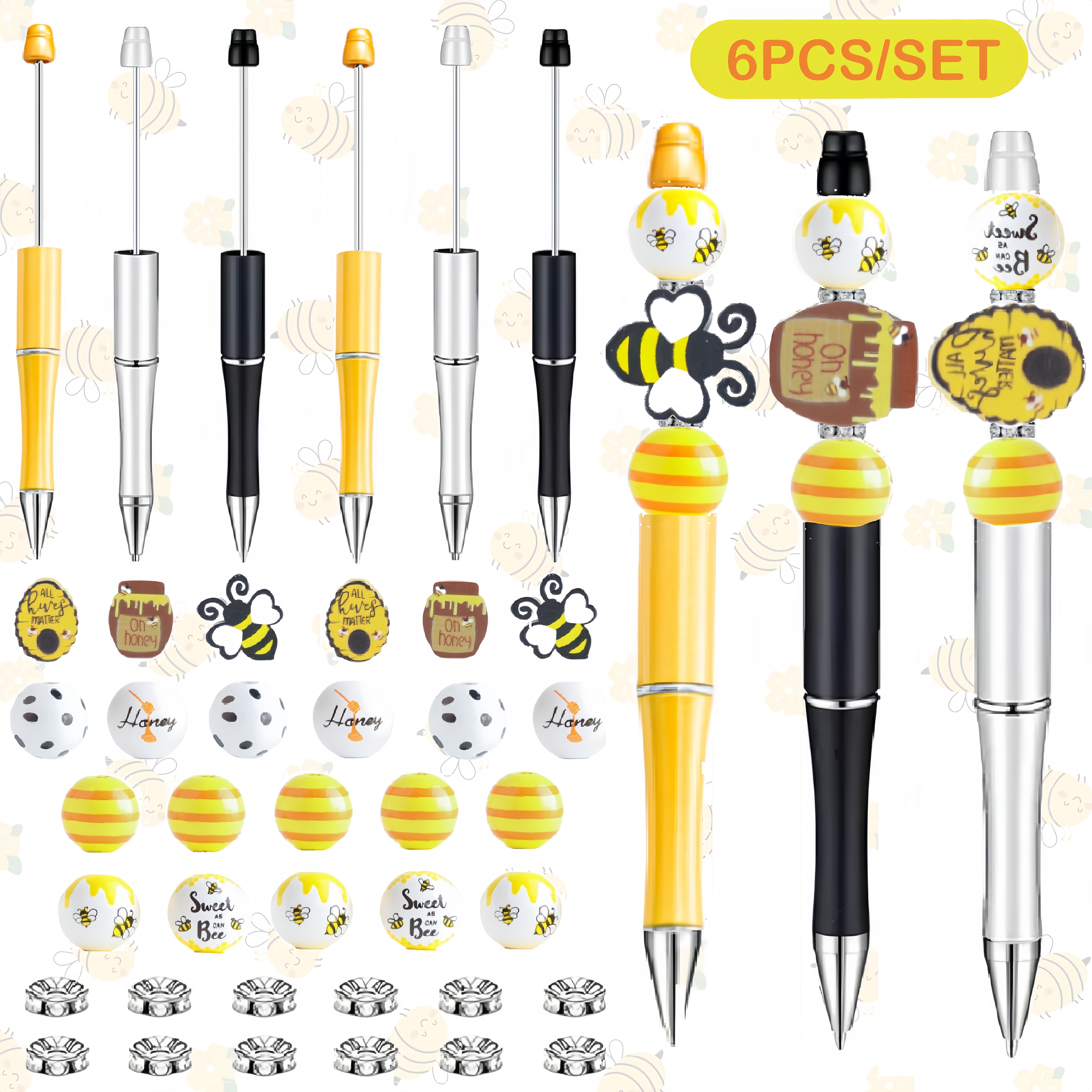 

6pcs Cute Bee Theme Diy Black Ink Bee Wooden Beads With Crystal Spacer Beaded Ballpoint Pens, Reward Gift For Relatives Classmates Friends School Office Supplies