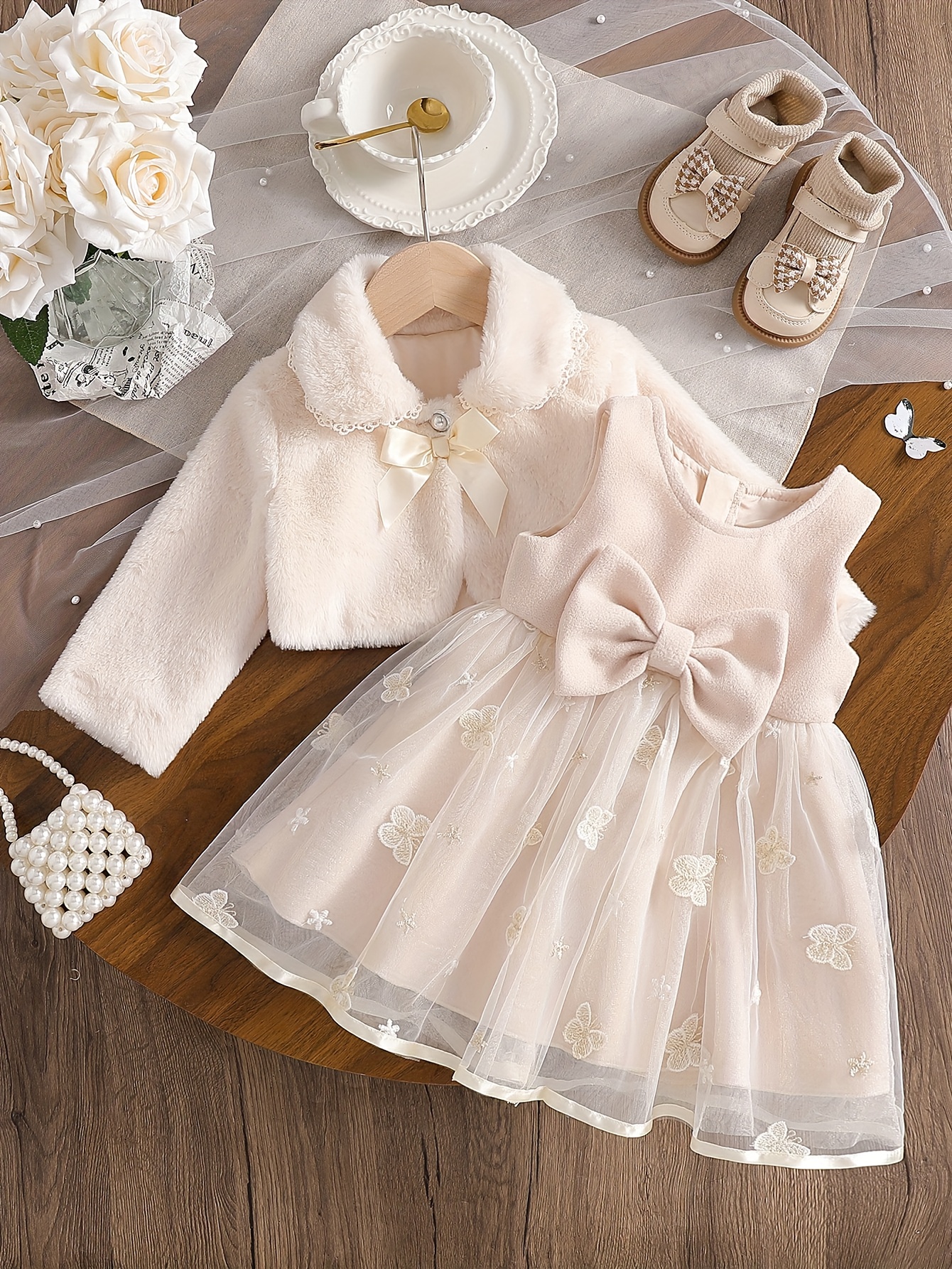 Sweet And * Autumn Winter Two-Piece Dress Embroidered Dress Plush Coat  Exquisite Bow Tie Dress for Birthday Dress, Cute And * Style Dress Suitable  for Important Occasions, for Outdoor
