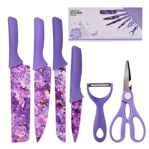 6piece jasmine flower pattern kitchen knife set colorful printing high carbon stainless steel blades ergonomic handles sharp meat serrated bread knife precise scissors peeler perfect for women and essentials