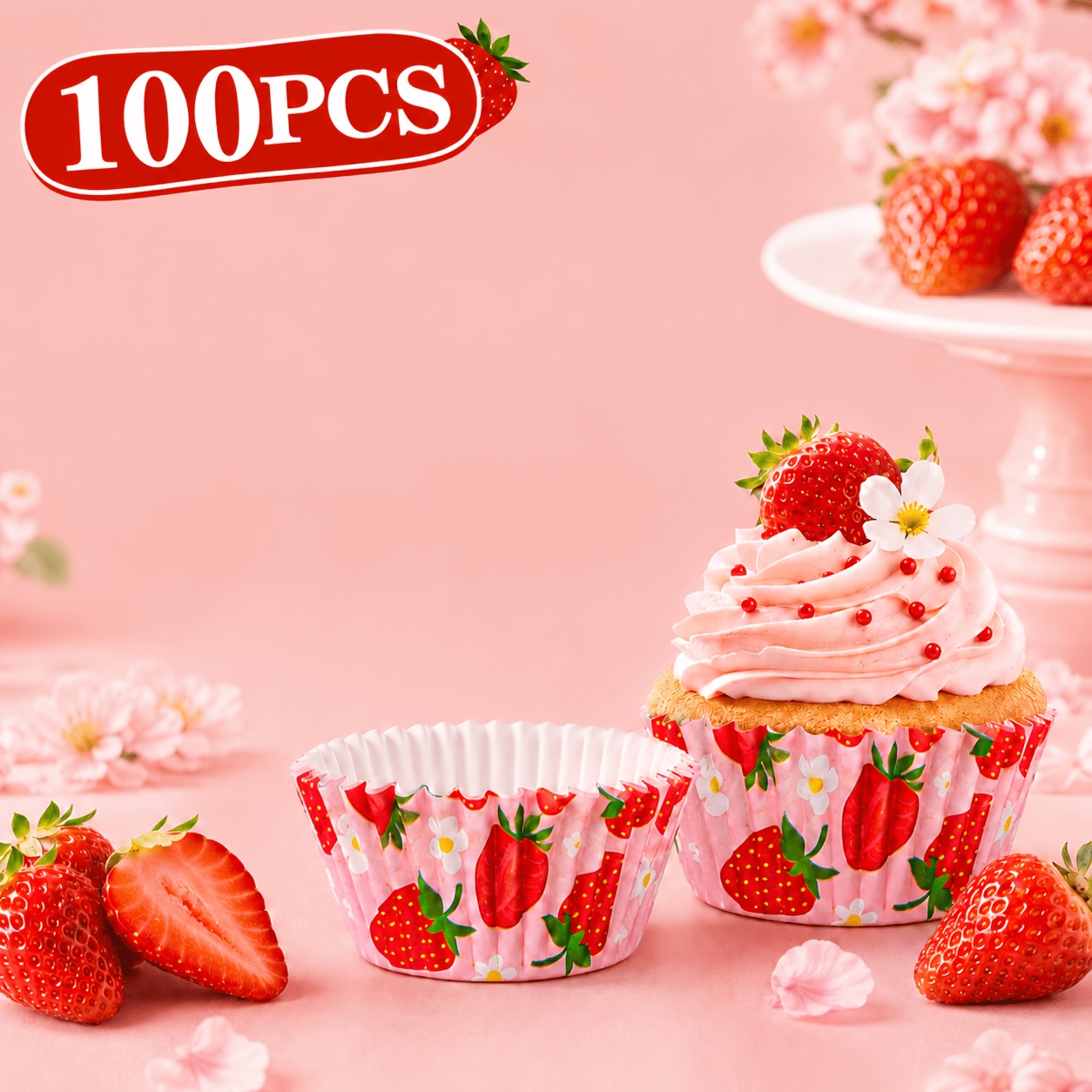 TEMU 100pcs Strawberry Print Cupcake Liners, Strawberry Pattern, Standard Muffin Baking Paper Cups, Suitable For Weddings, Bridesmaid Gifts, Birthday