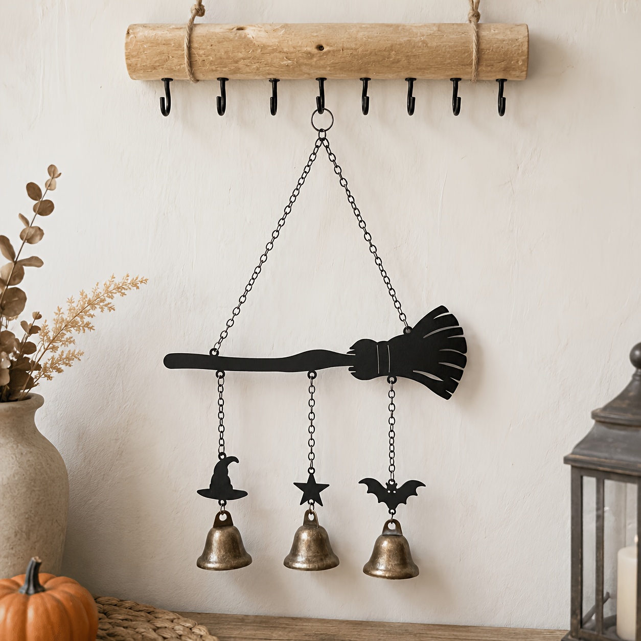 TEMU Halloween Witch Broom Metal Wind Chime, Vintage Wrought Witch And Black Cat Silhouette Hanging Bell, Witch Hat, Stars, And Bats Pendant, Gothic