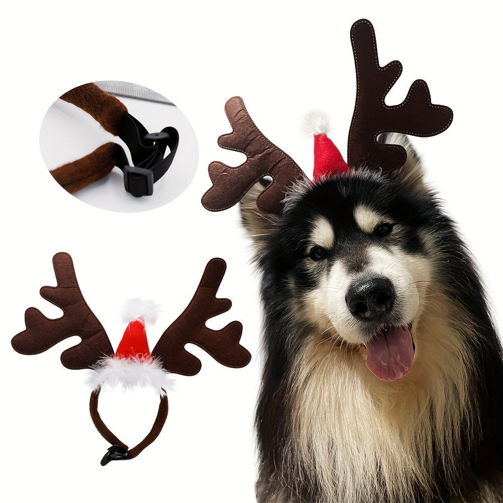 

Festive Reindeer Antlers Headband For Dogs, Christmas Pet Hat With Pom-pom, Adjustable No-sew Fabric, Polyester Filling, Nylon Cover, One-size-, Closure