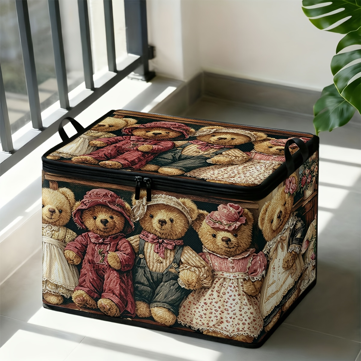 TEMU Boîte de rangement imprimée 1 pièce de style vintage avec couvercle, motif en peluche , conteneur de rangement de printemps pour de , rangement