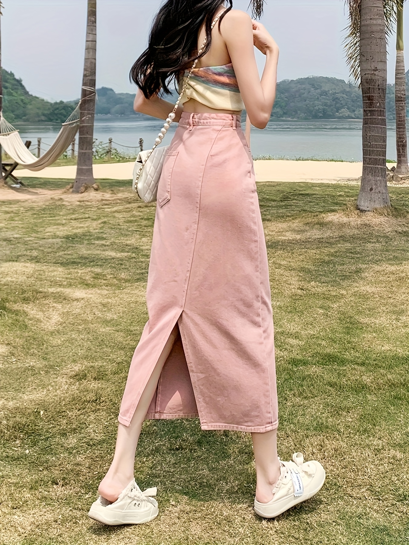 womens high waist pink denim midi skirt high thigh slash Temu Mexico