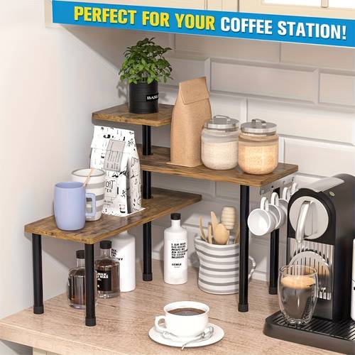 1pc corner storage shelf organizer space saving 3 tier kitchen shelf with wood look trays black metal frame spice jars coffee pods utensils organization gift idea corner shelves