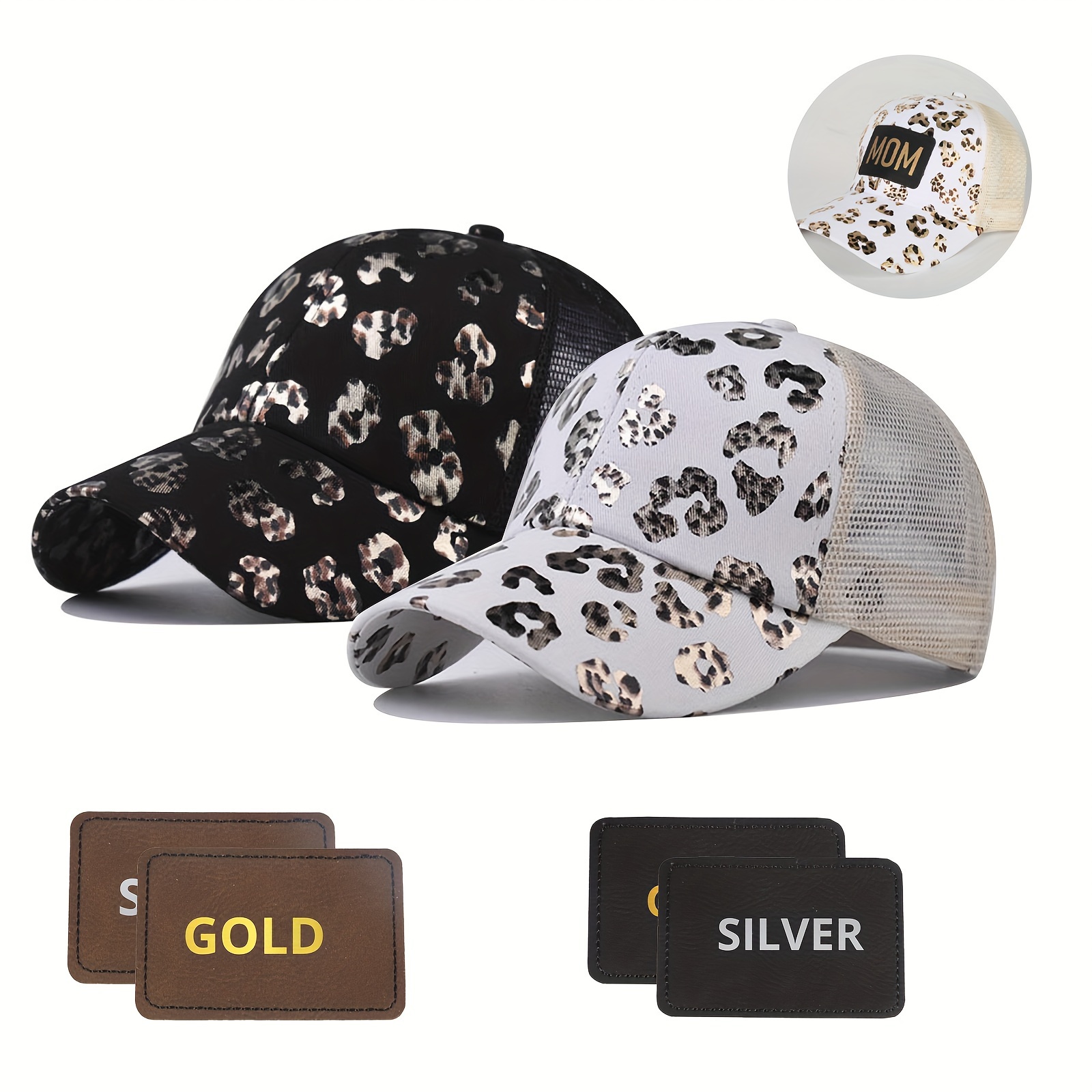 

Creatorally 2pcs Adjustable Leopard Print Baseball Cap With 4pcs Self-adhesive Hat Stickers, The Caps Sticker Are Not Engraved. You Can Engrave Your Own Text Or Pictures