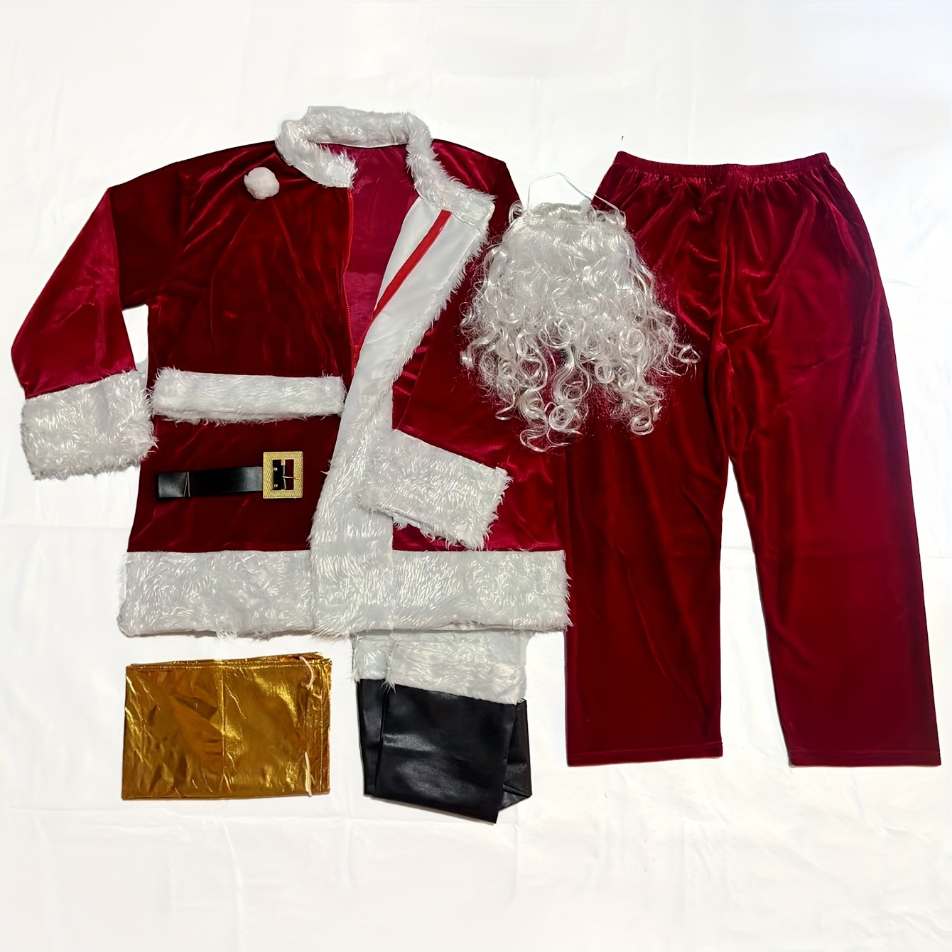 Image of 7pcs Deluxe Men's Velvet Santa Costume Suit - Burgundy Complete Outfit With Jacket, Pants, Beard, Belt, Shoes Cover & Gift Bag | Adult Size Christmas Party Attire For () | Fits Most For Hollyberries/