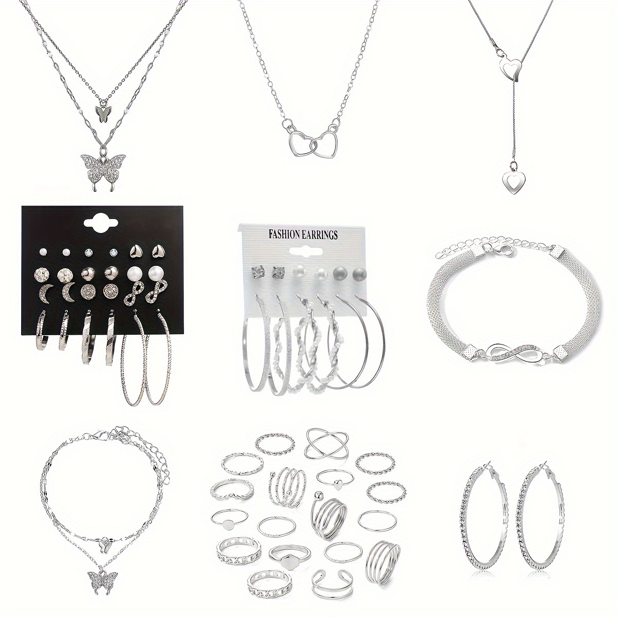 TEMU Set Of 61 Pieces, Women's Jewelry Set, Versatile Silvery Water Diamond Butterfly Ring Necklace Anklet Earrings Set, Made Of Golden Material,