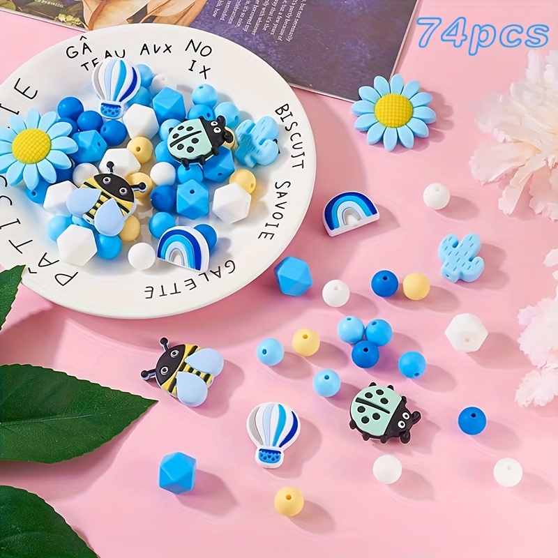 

74pcs 12mm Silicone Beads Blue Theme Silicone Beads Hexagonal Sunflower Cactus Rainbow Bee Silicone Rubber Beads Country Farmhouse Beaded Diy Keychain Lange For Women Jewelry Making